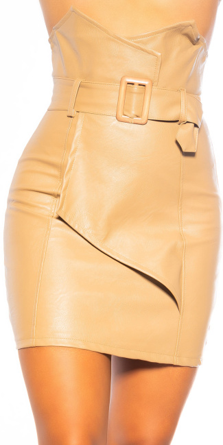 high waist miniskirt leather look with belt Brown